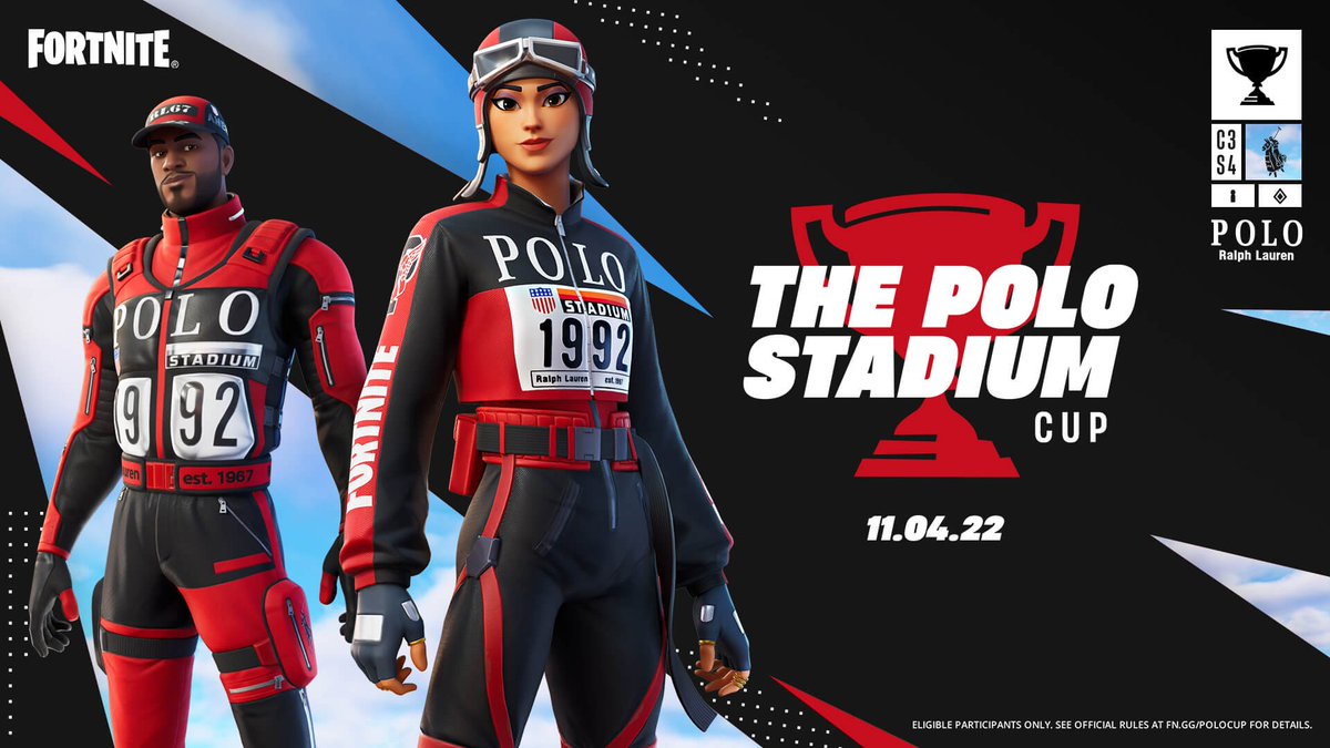 Polo Stadium Cup Compete in this Zero Build Solo tournament on November 4 for the opportunity to unlock the Stadium Hero ‘92 and Polo Prodigy Outfits (and Racerback and P-Wing Pack Back Blings) early! Also, earn at least eight points to unlock the Victory Colors Emote early.