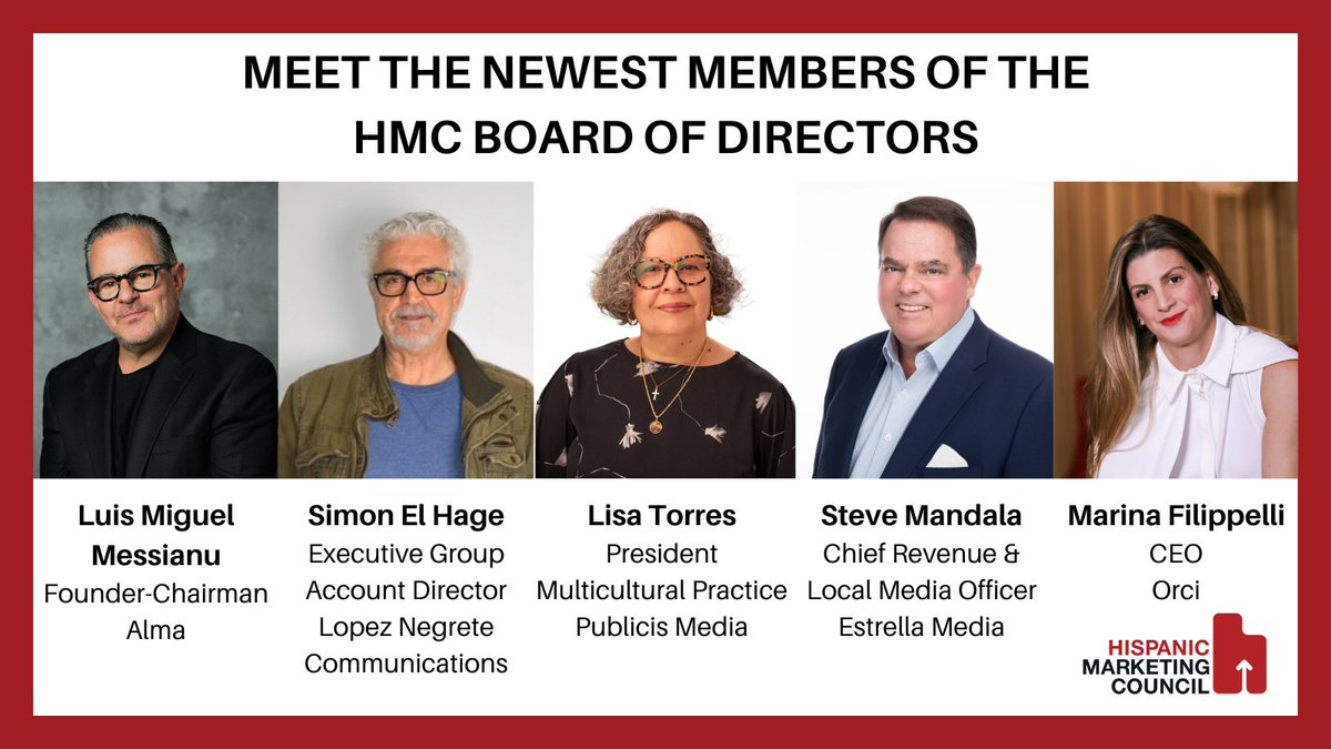 Joining newly inducted Chair Isabella Sanchez of @ZubiAdvertising are the newest HMC board members: @LMMessianu of @AlmaAgency, @marinafilippell of @OrciAdvertising, Steve Mandala of @estrellamedia_, Lisa Torres of @PublicisMedia, & Simon El Hage of @LopezNegrete. Congrats!
