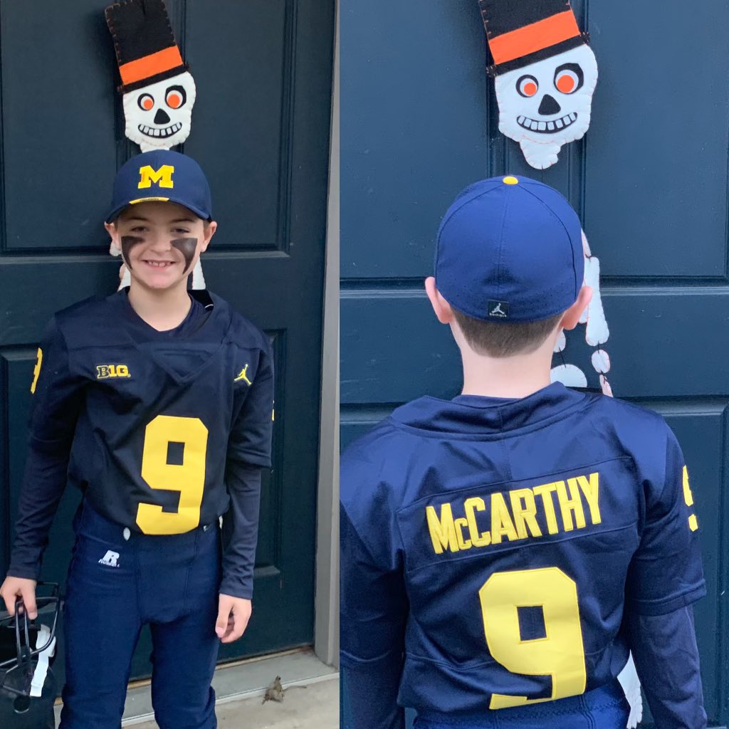 My son is all set for Halloween by channeling his favorite football player for trick or treating in the Western Burbs, <a href="/jjmccarthy09/">J.J. McCarthy</a> #GoBlue