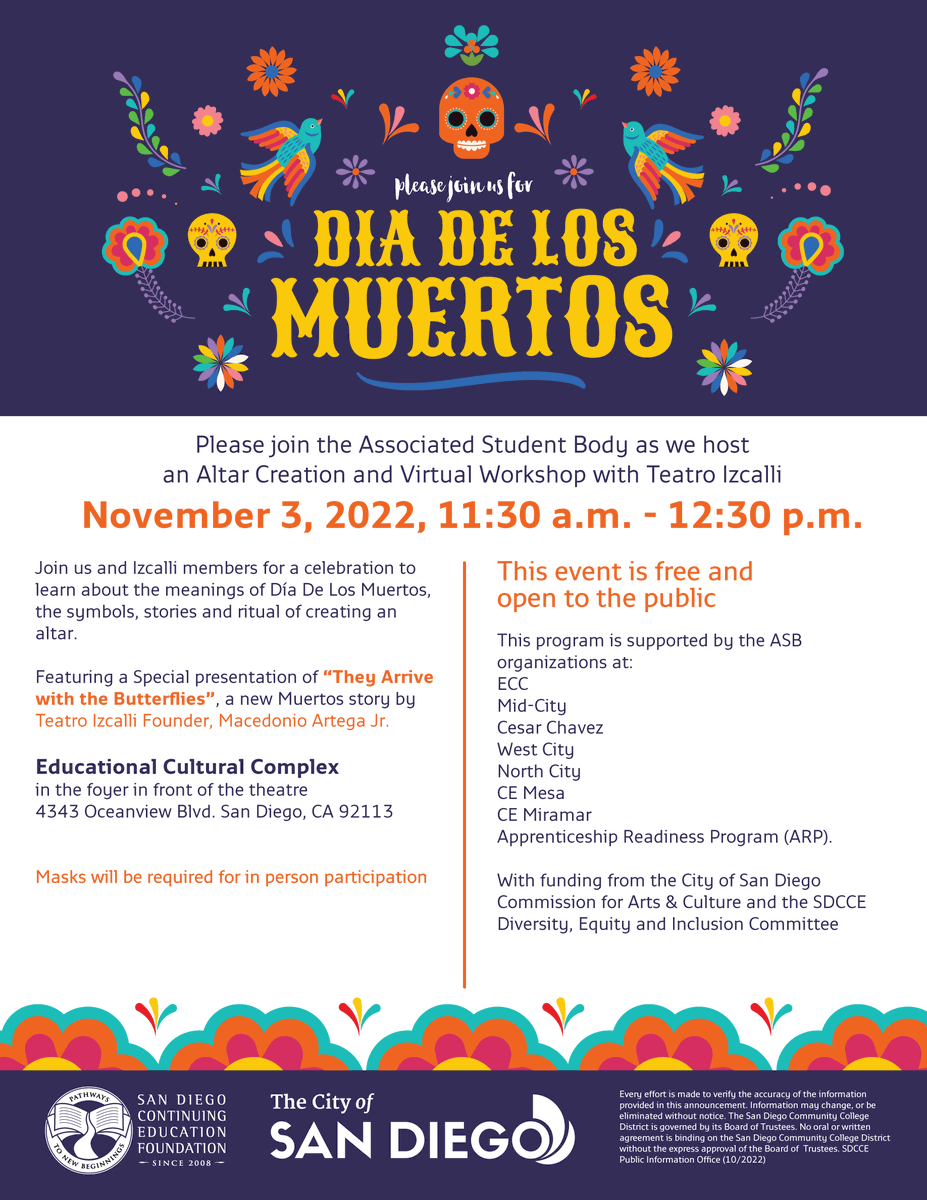 Celebrate Día de los Muertos with San Diego College of Continuing Education! We are so excited to welcome Teatro Izcalli to the Educational Cultural Complex on November 3rd from 11:30am-12:30pm. Bring your family and friends. #AllAreWelcome