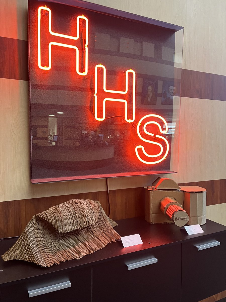 TheLibraryatHHS's tweet photo. We love having student created work in The Library@HHS!  Thanks to Mr. Pocopanni’s students for sharing their sculptures with us. #HooverPride https://t.co/S5wk4b85UU