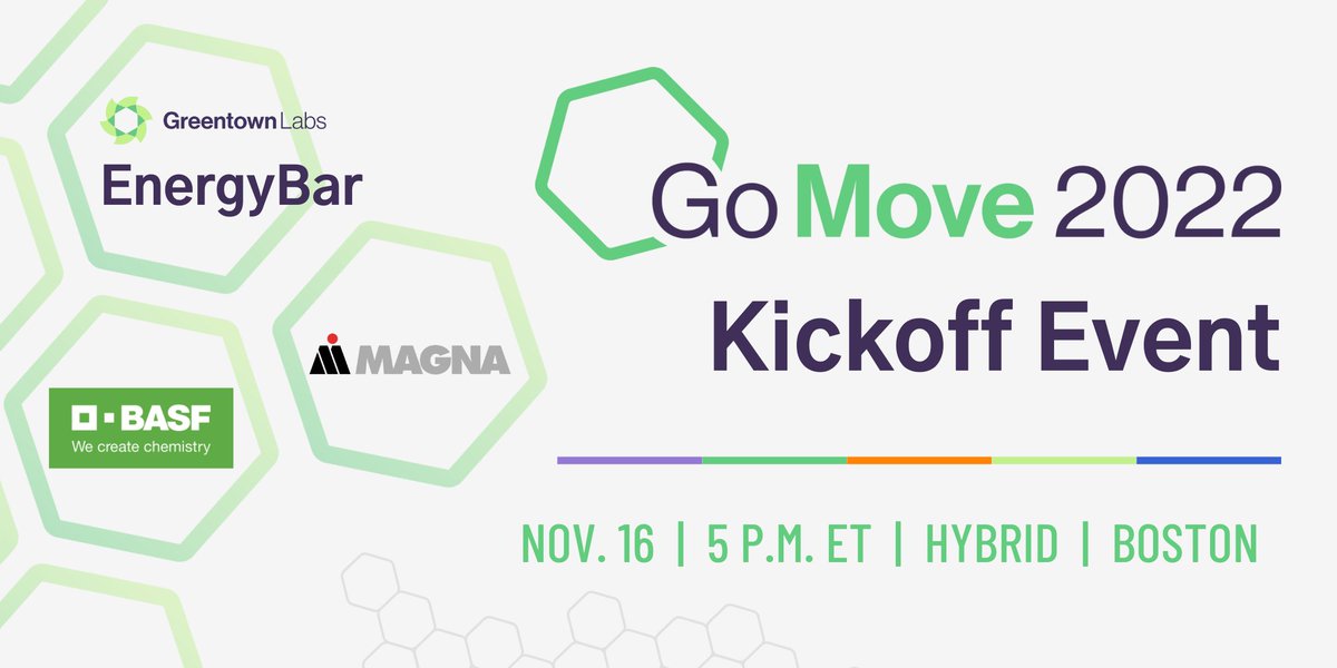 GreentownLabs's tweet image. In just two weeks, we’re kicking off #GoMove2022 at an #EnergyBar with @BASFCorporation and @MagnaInt! Join us on Nov. 16 for an evening with the climate champions decarbonizing transportation—including innovative startups, industry leaders, and more: ow.ly/te2h50KNnGq