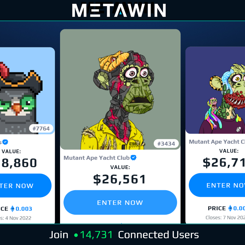 MetaWin's tweet photo. Join 15,000 users enjoying the fun at MetaWin!  Take home blue chip NFT's in our amazing giveaways and competitions.  https://t.co/zMcILptzOV