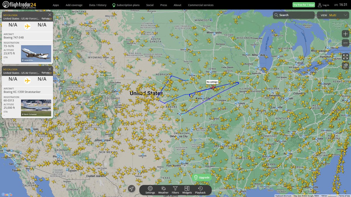 AIYeyENGDdJkjTr's tweet photo. Nov. 1, 2022
#Offutt Air Force Base, NE
#NoCALLSIGN #ADFEB3 USAF 747-E4B
#SPOOK31 #ADFEB5 USAF 747-E4B
"Nightwatch... Doomsday Plane"
#McConnell Air Force Base
#NoCALLSIGN #AE0683 USAF KC-135R Stratotanker
#Topeka
#WYLIE11 #AE059E USAF KC-135R Stratotanker https://t.co/H1CsRfLVBW