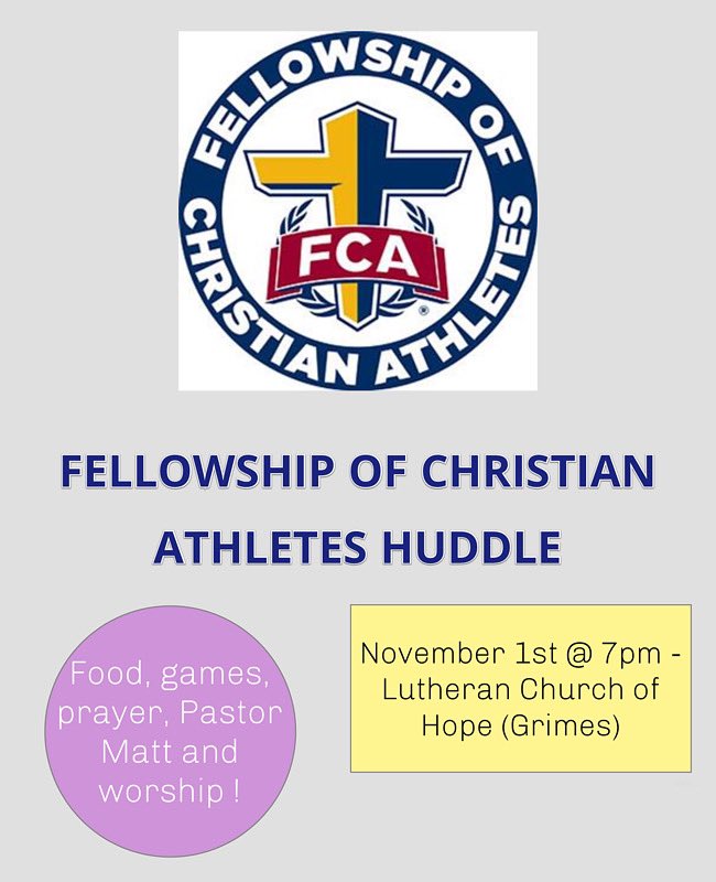 FCA Huddle tomorrow at Lutheran Church of Hope Grimes! Starts at 7. Hope to see you all there!