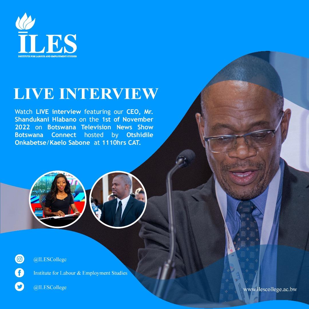 ILESCollege's tweet photo. Watch LIVE interview featuring our CEO, Mr. Shandukani Hlabano on the 1st of November 2022 on @BWGovernment Television News Show Botswana Connect hosted by Otshidile Onkabetse/Kaelo Sabone at 1110hrs CAT. #ILESCollege #MediaOpenDay https://t.co/kEnEj4zRCP