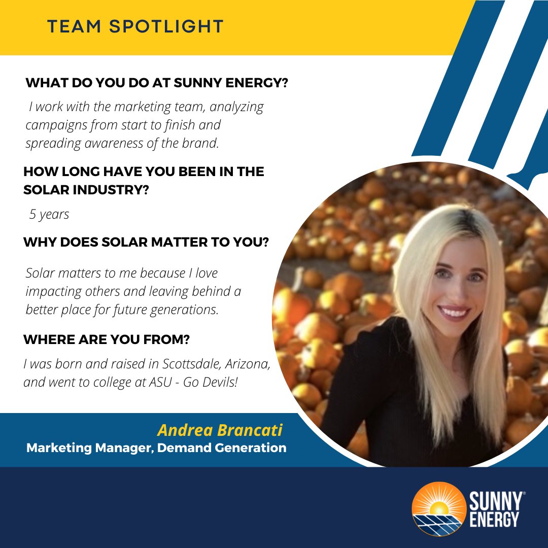 SunnyEnergyNow's tweet photo. Sunny Energy Team Spotlight! Get to know the people behind Sunny Energy! Meet Andrea Brancati, our Marketing Manager! https://t.co/YrkSmx1E12