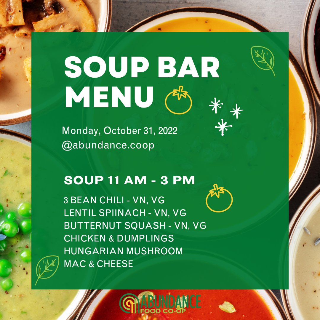 Your favorite soups are hot and ready! 

Which one are you getting today?

Check out the deli case for soup choices to go for a quick Halloween dinner!🍲

#soupson
#abundancecoop
#lunchtime
#timeforlunch
#souplunch
