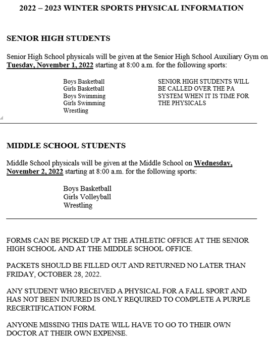 CASD_Athletics's tweet photo. Reminder: Winter Sports Physicals will be given tomorrow at the HS and Wednesday at the MS. Only students with completed paperwork will be able to receive a physical. https://t.co/5SZ3bkRDos