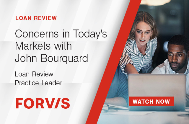 Courtney_FORVIS's tweet photo. John Bourquard at @FORVIS provides insight into #LoanReview concerns and items to consider in this video: https://t.co/MBpSQv7EiU https://t.co/FRHY9Mwm13