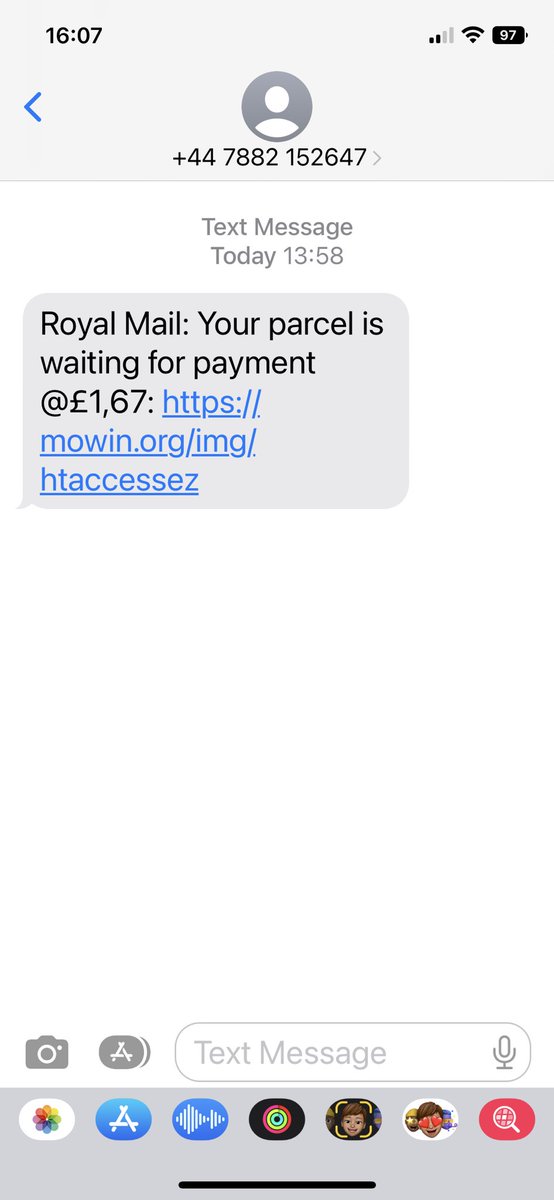 longollie's tweet photo. @RoyalMailHelp hi there I thought I should share a text I received today from a suspicious number claiming to be the Royal Mail and requesting payment 🤔 #scam #beware https://t.co/7hD0aRY3eE