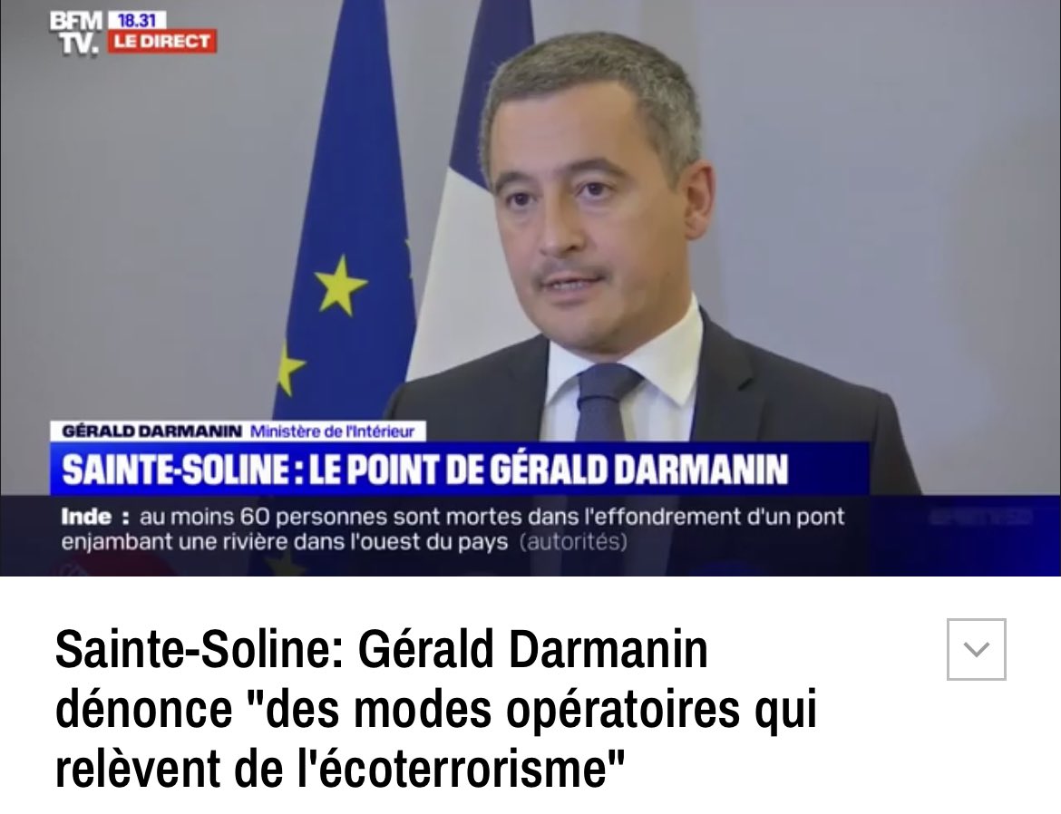 « Manifester pour l’écologie, c’est être #écoterroriste. 

Faire grève pour augmenter son salaire, c’est semer le chaos.

S’opposer au 49.3, c’est vouloir la crise ».

Ses mots sont violents. Sa politique est violente.

Le véritable danger pour la démocratie, c’est <a href="/GDarmanin/">Gérald DARMANIN</a>.