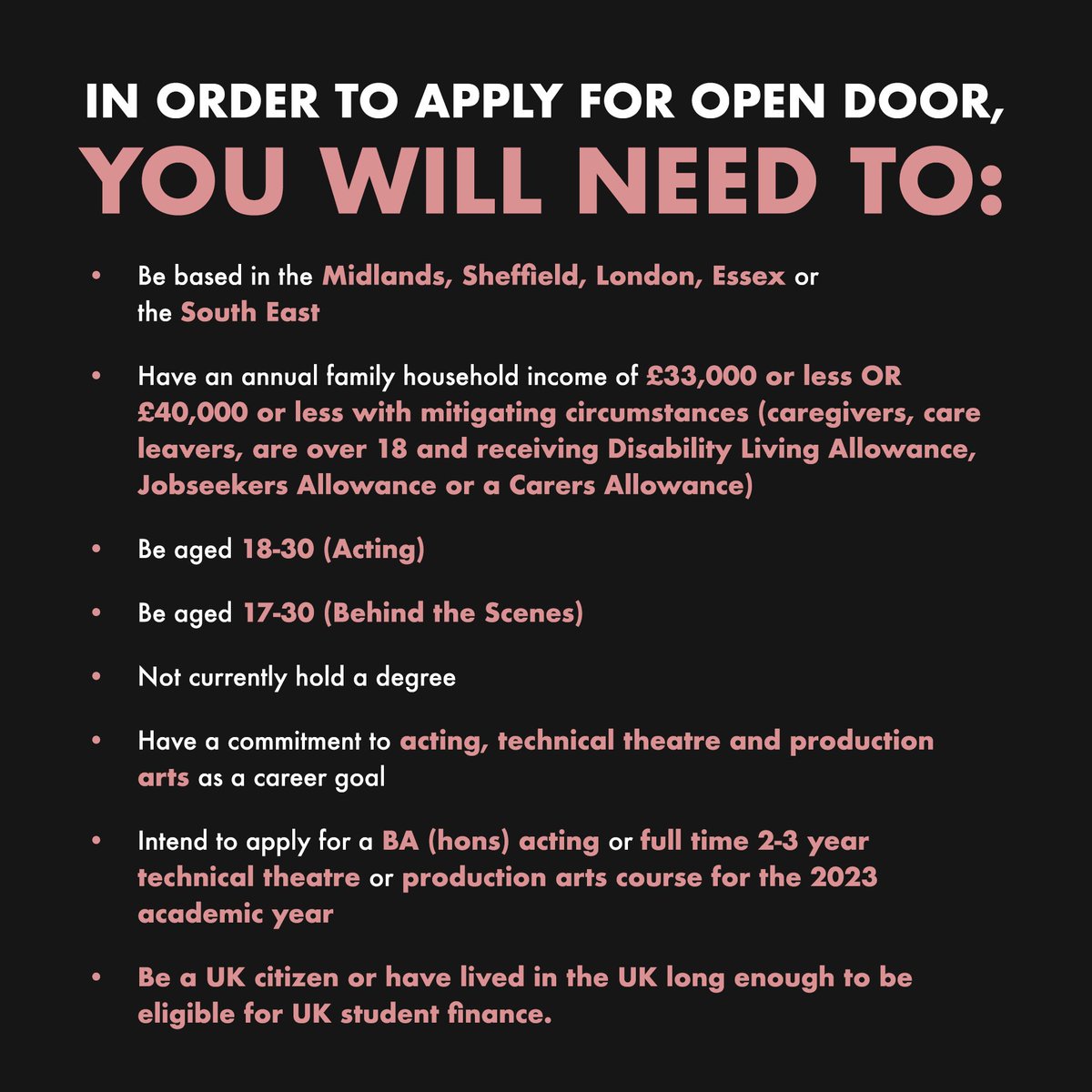 Want to go to drama school? Can’t afford the costs? 

Want to work in film, television or theatre? Be an actor? Work in lighting? Design? Build-sets? Be a stage manager? Design costumes? 

Find out more &amp; APPLY NOW➡️ opendoor.org.uk