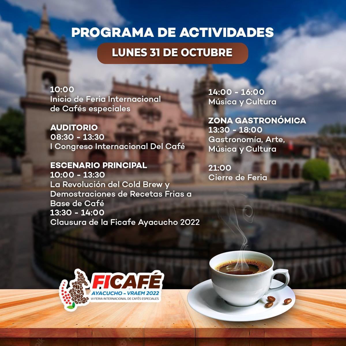 Ficafe_peru's tweet photo. #ficaféayacucho2022 
Hoy es el último día de la sexta edición de la FICAFÉ y podrás disfrutar del inicio de la feria internacional de cafés especiales, la exposición de recetas frías a base del café, la buena gastronomía y la clausura de la feria. 
⚠️ El ingresó de hoy es libre. https://t.co/YLmgp2jnpg