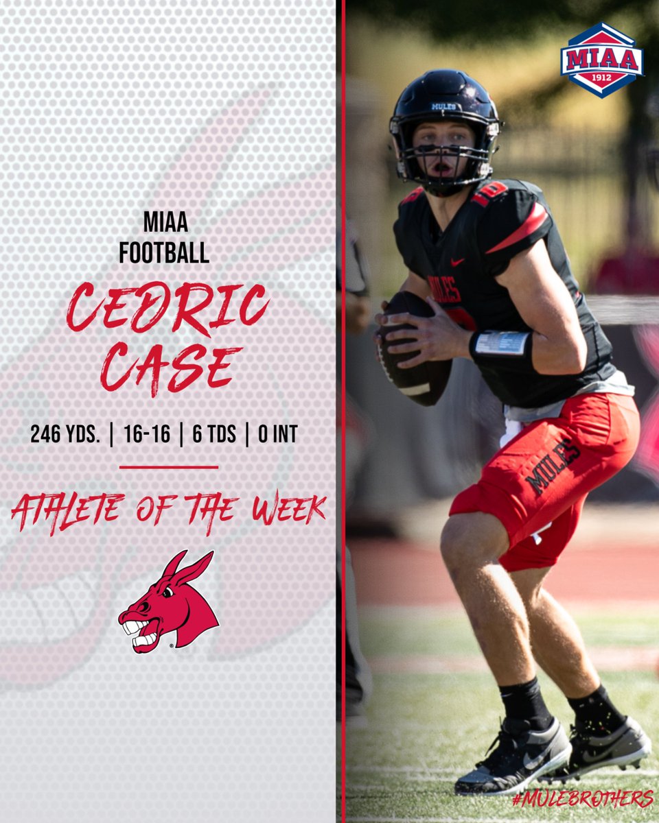 After a record-setting performance in our win over Lincoln Saturday, Oct. 29, redshirt sophomore QB Cedric Case has been voted this week's @TheMIAA Offensive Athlete of the Week! 📝 | bit.ly/3FvE3UO #teamUCM x #MuleBrothers