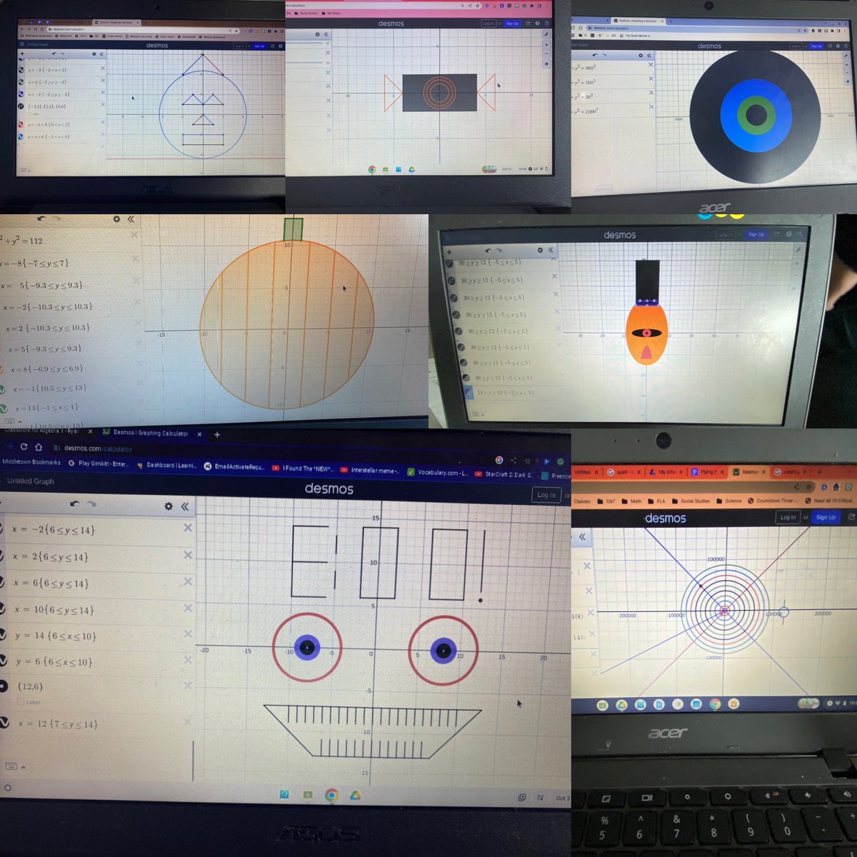 Ryan_A316's tweet photo. Happy Halloween🎃 👻! Some of our @desmosclassroom creations!!! Algebra Ss will definitely recognize Domain and Range after this fun activity! @thorne_ms @MrsSmithTMS https://t.co/hW17IKg9b9