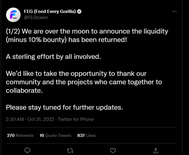 TrendsGem's tweet photo. #TeamFinance suffered a $14.5 million exploit in relation to a smart contract bug in its migration feature, as reported.

@FEGtoken has recovered 90% of liquidity drained in the @TeamFinance_ exploit. (w/ a 10% hacker bounty)

#TechTrees $TTC https://t.co/0MaATtUOsf