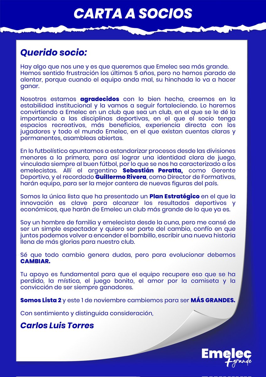 EmelecMasGrande's tweet photo. Carta a Socios ✍️
Con sentimiento y distinguida consideración @carlosl_torres 

Mañana se escribe una nueva historia Vota lista 2 #TorresPresidente 🗳️ https://t.co/azyIUl7vPr
