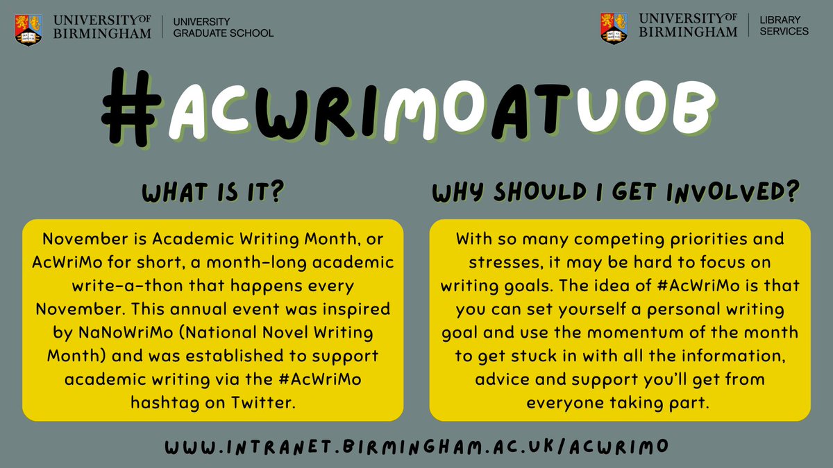 We're really excited to be teaming up with <a href="/UoBLibServices/">UoB Library Services</a> to bring PGR #AcWriMo back to <a href="/unibirmingham/">Uni of Birmingham</a> this year!