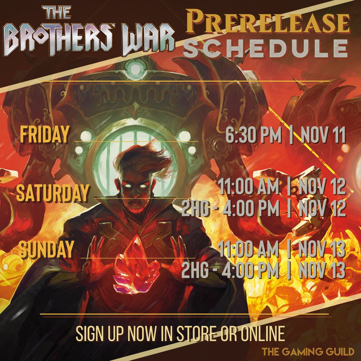EvGamingGuild's tweet photo. Prerelease for Magic the Gathering’s newest set The Brother’s War is quickly approaching! We are running 5 events on the weekend of Nov 11th. 3 single player and 2 two-headed giant team sealed events!

Secure your seat today in store or online: https://t.co/qCSIWfplp2 https://t.co/Nw8nJlYRuz