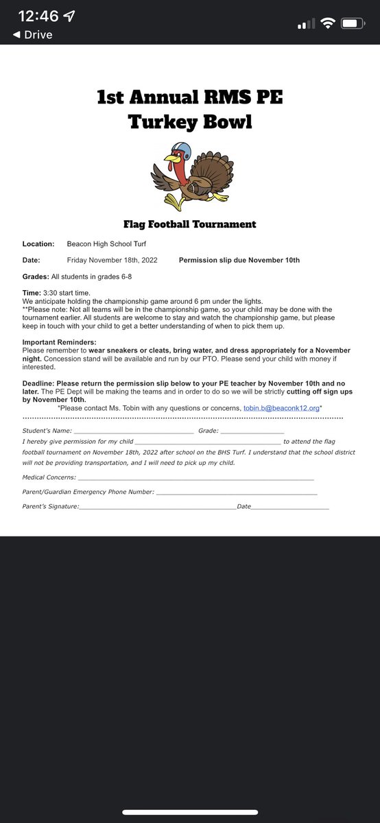 1st Annual RMS PE Turkey Bowl! Calling all students in grades 6-8 that are interested in our flag football tournament on November 18th. We are so excited to start this new tradition🏈🦃 <a href="/BCSDBulldogs/">Beacon Athletics</a> <a href="/CoachCarofano/">Michael Carofano</a> <a href="/RomboutMS/">Rombout Middle School</a> <a href="/romboutpto/">RMSPTO</a>