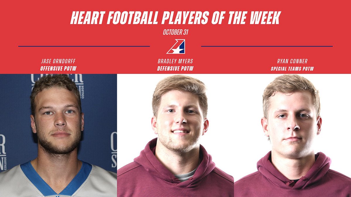 🏈, Check out this week's Heart Football Players of the Week! Jase Orndorff of @CSCWildcats, Bradley Myers of @EvangelValor and Ryan Conner of Evangel! heart.prestosports.com/sports/fball/2…