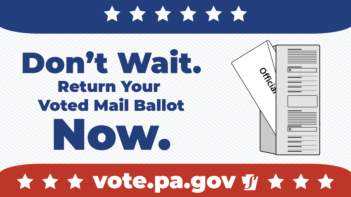 Don’t wait until the last minute to return your voted mail ballot. Mail ballots must be RECEIVED by 8 p.m. on Nov. 8. Postmarks do not count. Find where you can return your voted mail ballot: vote.pa.gov/ReturnBallot #ReadytoVotePA