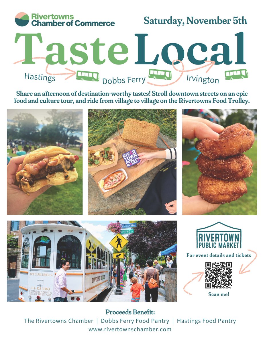 Calling all foodies! Check out the Taste Local event this Saturday, Nov 5 sponsored by the Rivertowns Chamber of Commerce. Take a trolley between Hastings, Dobbs Ferry and Irvington. Details: ow.ly/83Jq50LpRYc