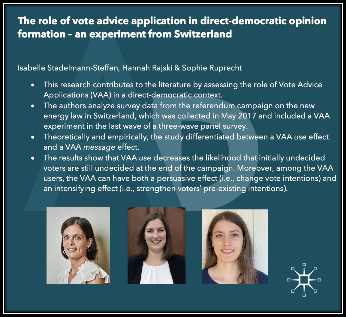 Out now, #OpenAccess and #OnlineFirst: @i_stadelmann, @HannahRajski and @SophieRuprecht explore the role of vote advice application in direct-democratic opinion formation. Read it here: link.springer.com/article/10.105…