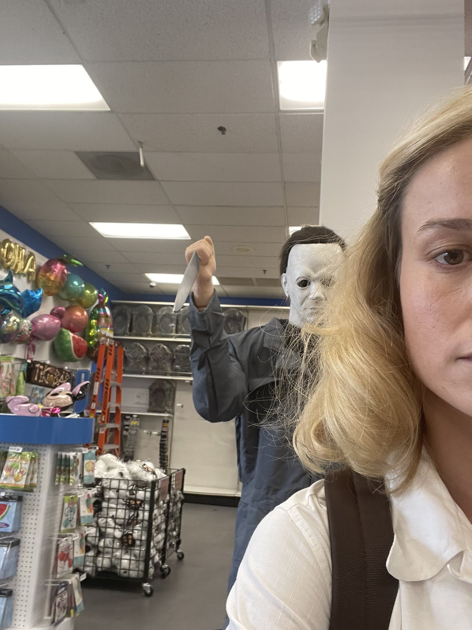 Brie Larson on X I asked where the confetti was and this guy named Michael escorted me to this aisle I guess Party City takes their employee uniforms for Halloween seriously. https t YqA2PBiobD
