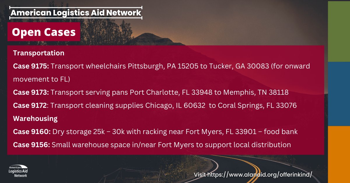 ALANaid's tweet photo. ALAN has received many requests for assistance in southwest Florida, and we are actively working to fill them. If you're a logistics organization looking to help Hurricane Ian survivors, visit our Disaster micro-site for more information. https://t.co/sCPxcT5CSz #logistics https://t.co/5guhlMQ3mn