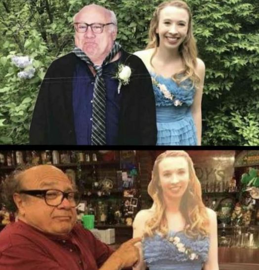 A girl took a cut out of Danny Devito as a date to her prom, he saw it and took a cut out of her to the set of 'It's Always Sunny'