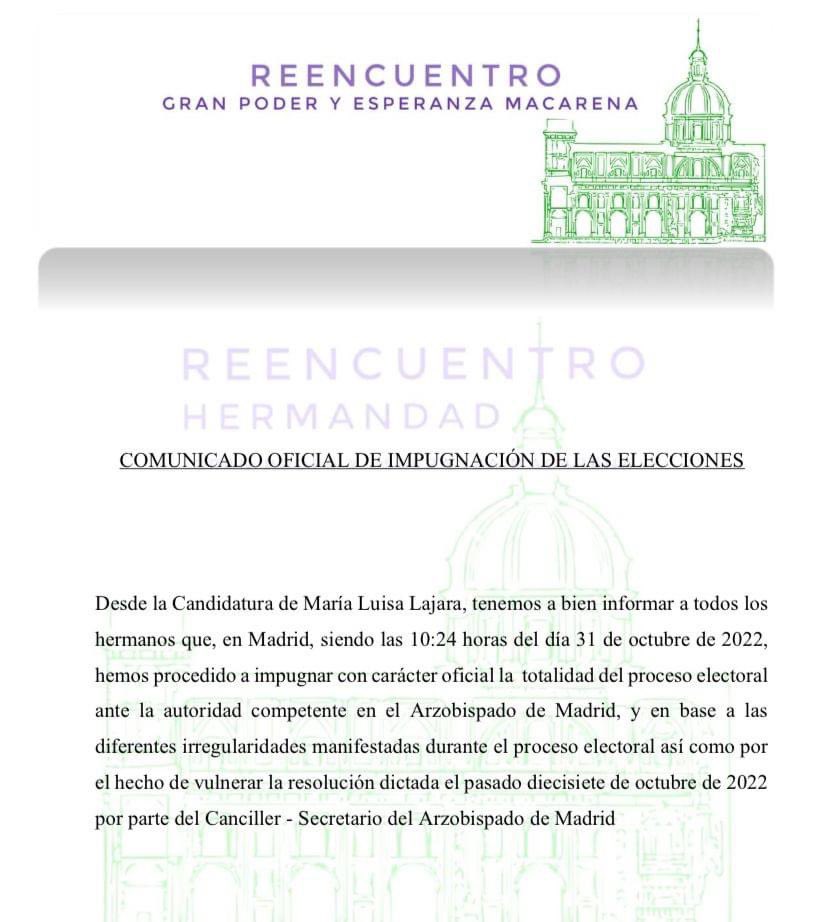 Blog_lacofradia's tweet photo. La Candidatura de María Luisa Lajara impugna las elecciones en la Hdad del Gran Poder y la Macarena de Madrid.
@MLuisaLajaraGPM
@GPoderMacarena
#InfoCofrade https://t.co/zfl5ZgXD1H