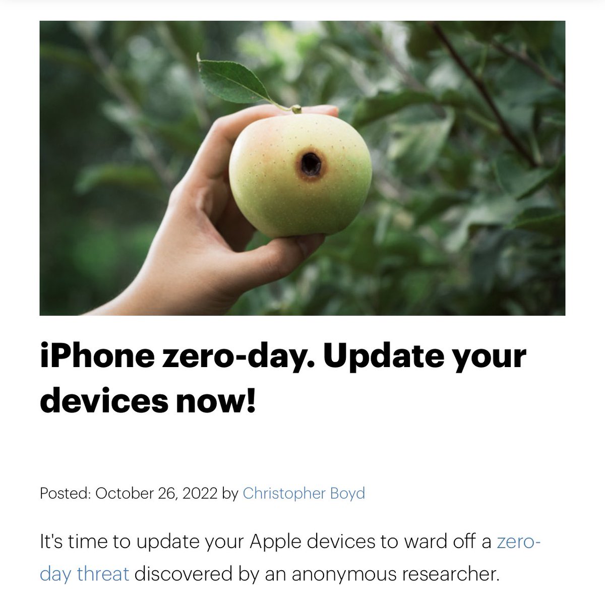 ⚠️ URGENT Apple iOS Zero-Day being used in the wild. Please update all iOS devices right away. The nature of this Zero-Day seems to allow apps to execute arbitrary code with kernel level permissions. (Highest permission level) Please share for awareness! Stay safe Fam🔒