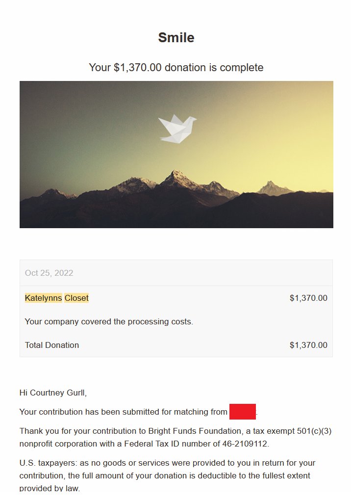 A receipt confirming a $1,3700 donation to Katelynn's Closet.