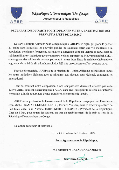 ArepOfficiel's tweet photo. Déclaration du parti politique AREP suite à la situation qui prévaut à l’Est de la RDC. 🇨🇩
#arep #agissonspourlarepublique #anousdebatirlardc https://t.co/tcsMqolcO5
