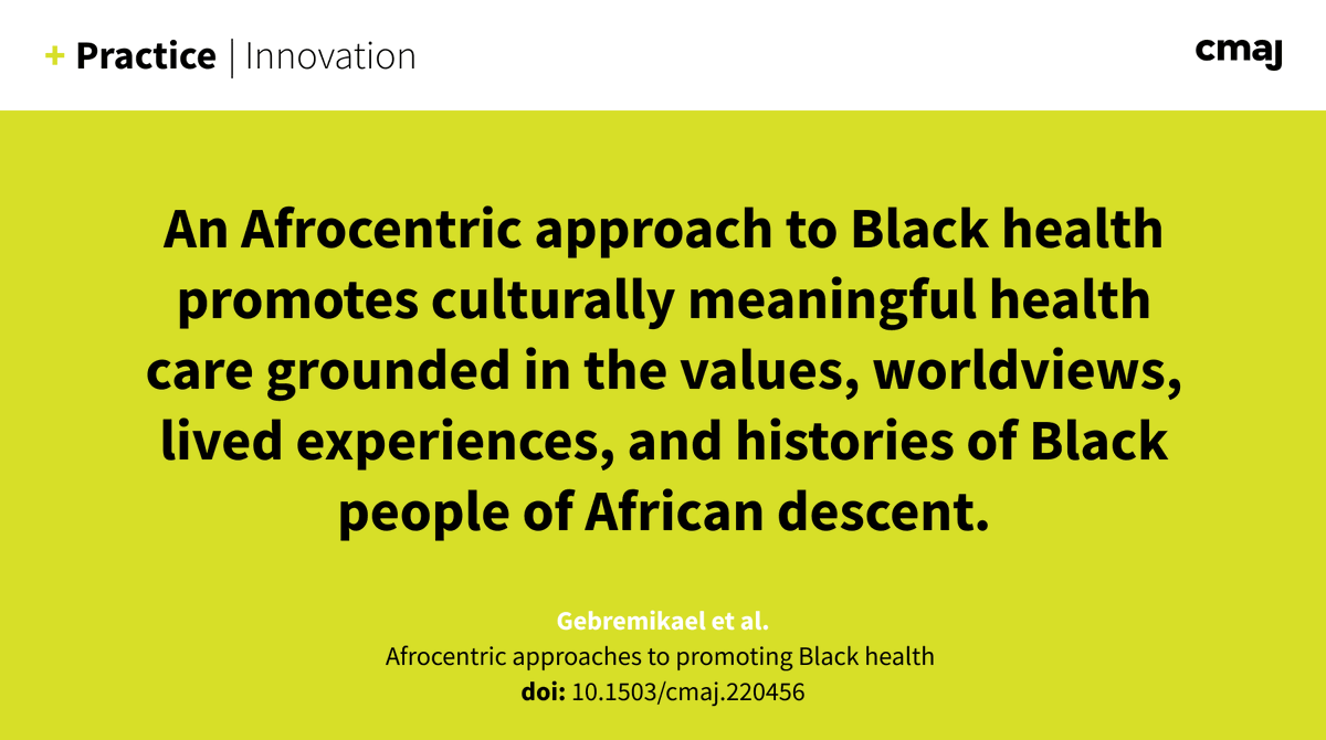 The community health centre <a href="/TAIBU_CHC/">TAIBU Community Health Centre</a> delivers care based on the African cultural concepts of ubuntu and the Nguzo Saba to disrupt anti-Black racism in health care.

Learn more (+ earn CPD credits): cmaj.ca/lookup/doi/10.…
<a href="/BlackHealthEdC/">Black Health Education Collaborative</a> #BlackHealth #CDNhealth #BlackInMedicine