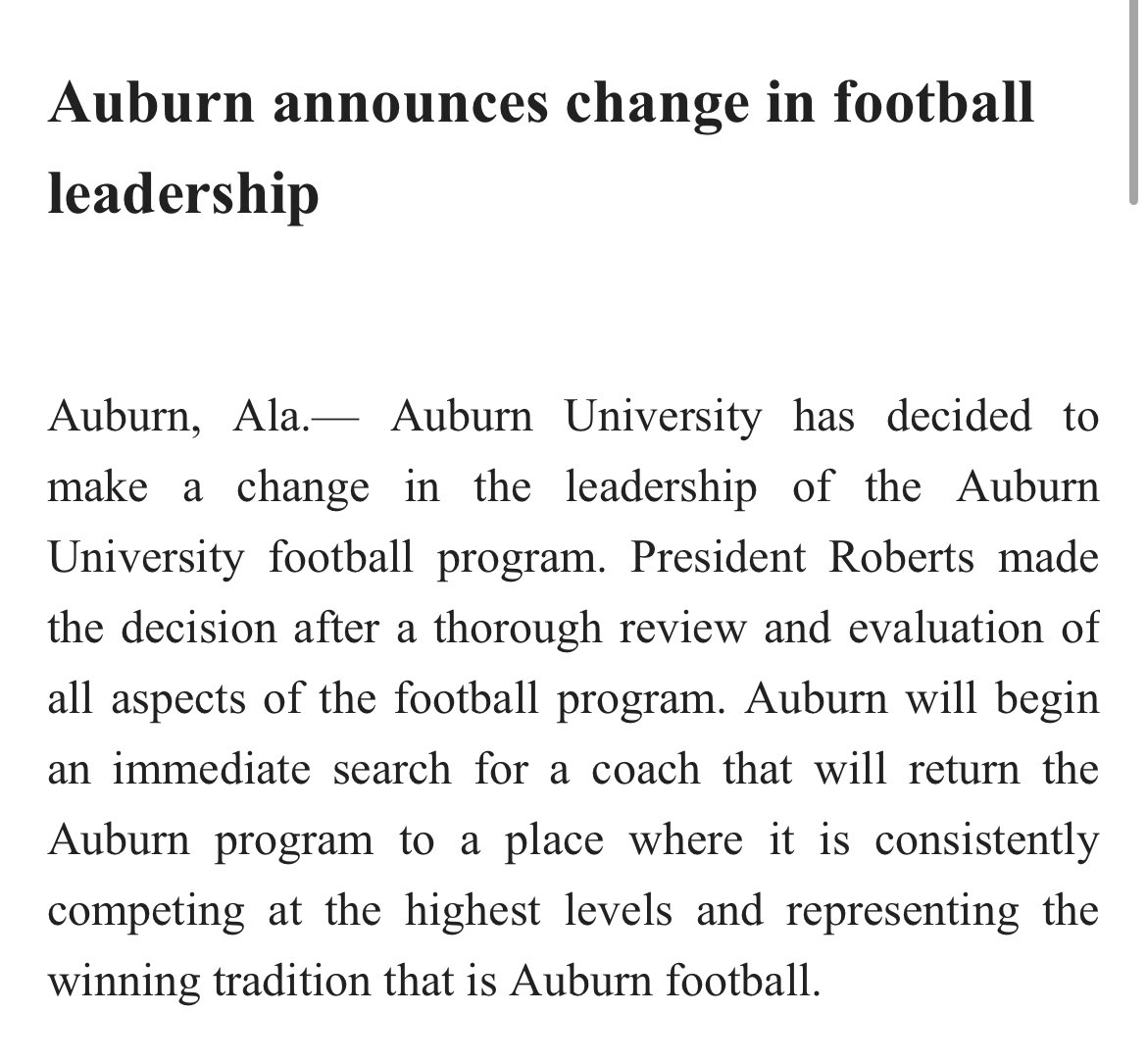 rexcastillotv's tweet photo. BREAKING: @AuburnFootball has fired Bryan Harsin and making a change in leadership. Here’s the press release from @AuburnTigers https://t.co/qeutmqqazU