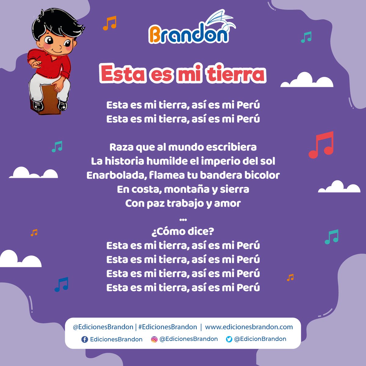 EdicionBrandon's tweet photo. 🎶 Canciones infantiles 🎵
Los invitamos a cantar y compartir con los más pequeños (as) de casa esta linda canción "𝗘𝘀𝘁𝗮 𝗲𝘀 𝗺𝗶 𝘁𝗶𝗲𝗿𝗿𝗮" por el día de la canción criolla 🎵
.
#EdicionesBrandon #Perú #FelizDiaDeLaCancionCriolla #CancionCriolla #BrandonPeru #Perú https://t.co/39dB4Tvo2e