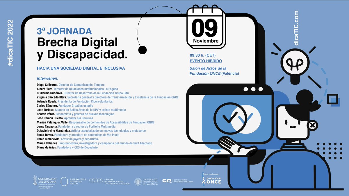 dicaticUPV's tweet photo. Jornada Dicatic🗨️@timpersbrand IntegrAzafatas @grupo_sifu La Fageda @portfolio_es Creatias @Accessibilitas_ Aprender sin Barreras @cibervoluntario Mireia Cabañes, Diana de Arias @PabloCimadevila Paola Torres, J.Tortosa, Celia&Jose, B.Pérez y O.Hernández
✍️ https://t.co/8p2yZhg5UC https://t.co/q5Pxc8ozFb