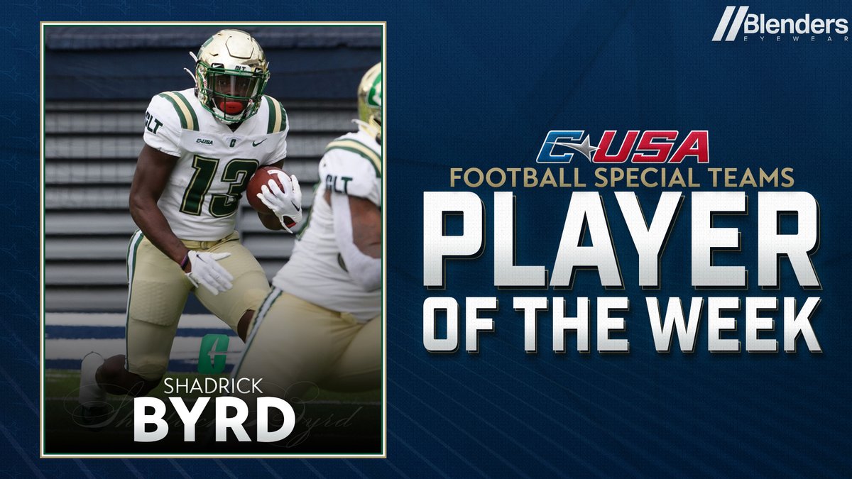 🏈 𝗣𝗹𝗮𝘆𝗲𝗿 𝗼𝗳 𝘁𝗵𝗲 𝗪𝗲𝗲𝗸 🏈

<a href="/CharlotteFTBL/">Charlotte Football</a>’s Shadrick Byrd (@shadbyrd_) is the #CUSAFB Special Teams Player of the Week presented by <a href="/BlendersEyewear/">Blenders //</a>!

🏅1️⃣ | bit.ly/3ftfcGy