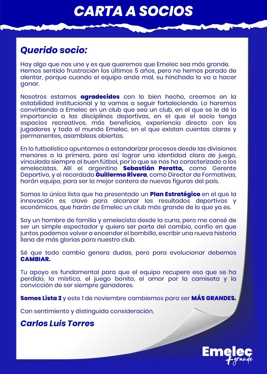 carlosl_torres's tweet photo. Se acerca un día histórico.  Hago un llamado a todos los emelecistas a unirse y votar con convicción y que sea cual sea los resultados,  busquemos todos juntos construir un @EmelecMasGrande https://t.co/spWk1SmQ2m