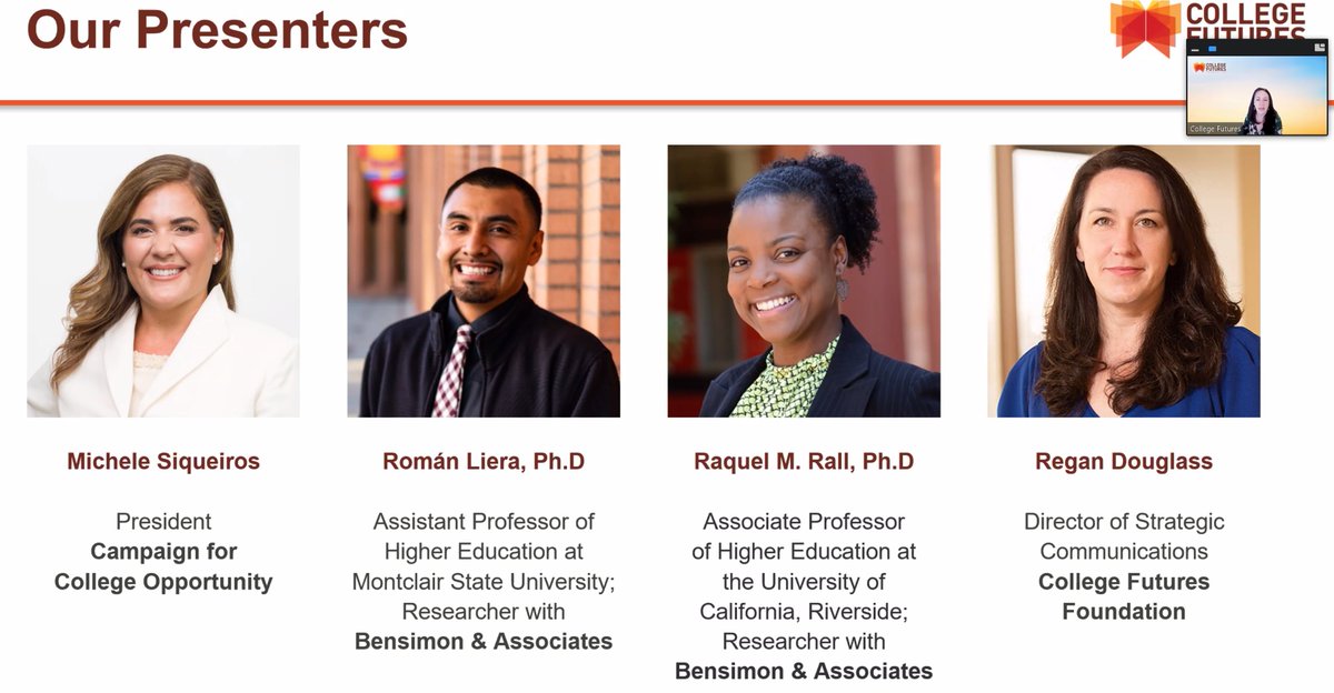 <a href="/EloyOakley/">Eloy Ortiz Oakley</a> starting off panel <a href="/CollegeFutures/">College Futures Foundation</a> on "Whiteness Rules: Racial Exclusion in Becoming an American College President" 
<a href="/ebensimon/">Estela Bensimon</a> @CherylDyChing @MSCollegeOpp <a href="/RomanLiera/">Roman Liera (he/him/his)</a> <a href="/DrRaquelWrightM/">Raquel Wright-Mair, Ph.D.</a> Regan Douglass/Megan Chase