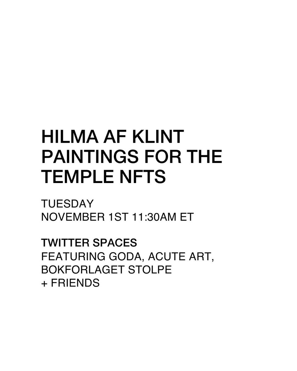 We’ll be live tomorrow morning with our partners <a href="/AcuteArt/">Acute Art</a> &amp; <a href="/forlaget_stolpe/">Bokförlaget Stolpe</a> giving you the rundown on this first of a kind offering of NFT artworks by the legendary @hilmaafklint 

x.com/i/spaces/1yNGa…