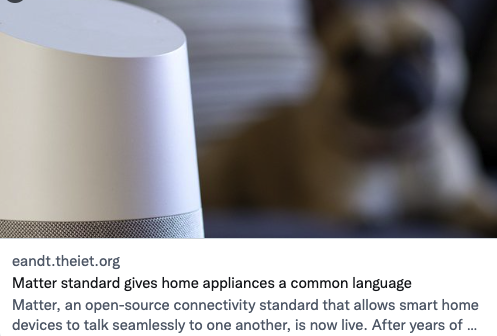 csaiot's tweet photo. "Most #smarthome players agree that #Matter is the universal connectivity standard the sector has been waiting for." Hilary Lamb, @TheIET 

Read the article: https://t.co/Ud6cSHvwpU 

#csaiot #buildwithmatter #standardsmatter #MatterLaunch #IoTsolutions https://t.co/LEVOsqlJ0B