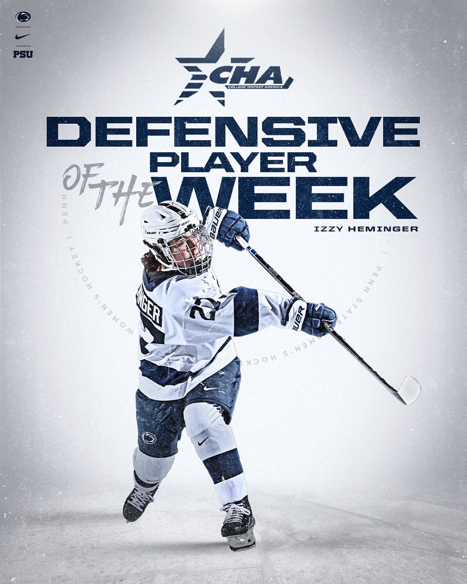 PennStateWHKY's tweet photo. Guess who IZ the DPOTW?🤩

Izzy Heminger takes home CHA Defensive Player of the Week after a dominant 3-point (1G, 2A).

She finished the week with a +6 rating and currently ranks first in power play goals among defenders. https://t.co/6oCwHE1kke