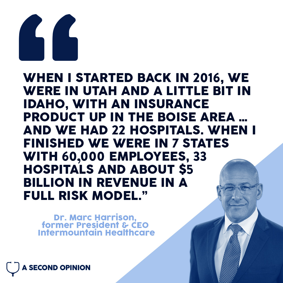 Loved having fmr <a href="/Intermountain/">Intermountain Health</a> Healthcare CEO Dr. 
<a href="/MarcHarrisonMD/">Marc Harrison MD</a> on <a href="/asopodcast/">A Second Opinion Podcast</a>. He’s a remarkable #healthcare leader who shares how he’s achieved transformational change &amp; how he’s living life to the fullest today. Listen now: podcasts.apple.com/us/podcast/199… 
#medtwitter #leadership