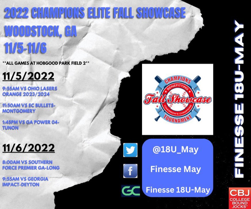 We travel down to the Peach State for one last Fall tourney at <a href="/CFPAShowcases/">Champions Elite Showcases</a>. Check us out in person or follow along on GameChanger. Some awesome competition this weekend!!!! <a href="/FinesseOrg/">Finesse Fastpitch</a>