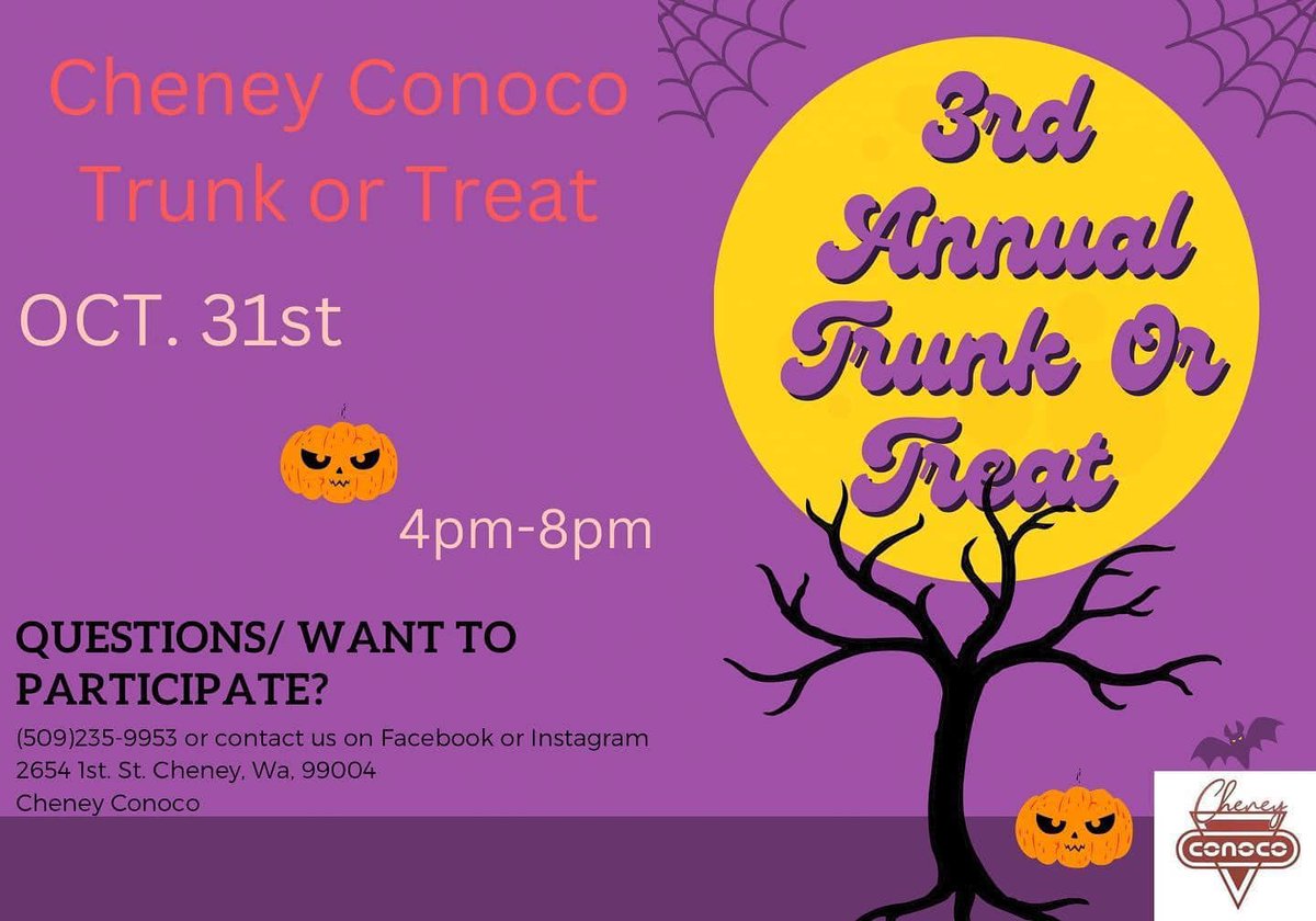 Throughout our communities, there are many options for trick-or-treating tonight! 
Airway Heights - Trunk-or-Treat @ Sunset Elementary or at VFW Post 3386
Cheney - Conoco Parking Lot
Medical Lake - Medical Lake Community Church 6 PM

We hope you have a happy &amp; safe Halloween! 🎃