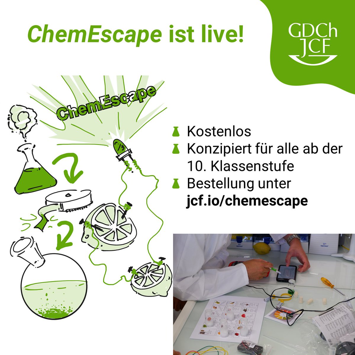 Frischer Wind im Chemieunterricht – der ChemEscape nun für alle Schulen erhältlich!
Für alle ab Klassenstufe 10: die kostenlose, bereits getestete Erweiterung für den Chemieunterricht. Entwickelt vom Team Science &amp; Education. Bestellung &amp; Infos unter jcf.io/chemescape
